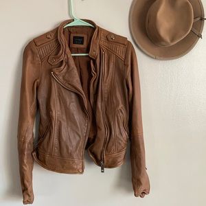Zara leather jacket brown gold zipper detail S